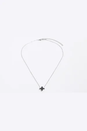 River Island Mens Steel Rhodium Flower Necklace