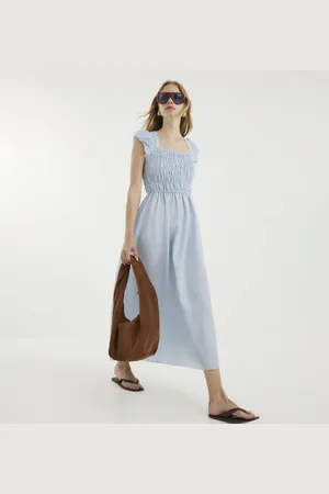 River Island Womens Gingham Cap Sleeve Shirred Midi Dress