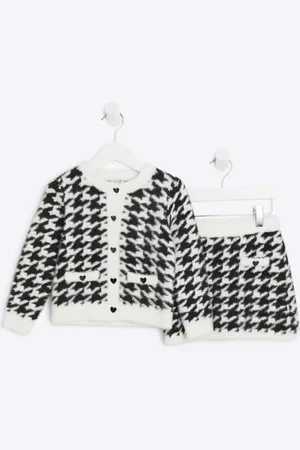 River Island Mini Girls Fluffy Dogtooth Cardigan Set