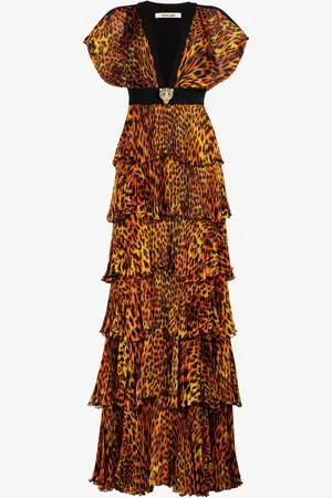 Roberto Cavalli Jaguar-print Pleated Silk Maxi Dress - Female Dresses 40