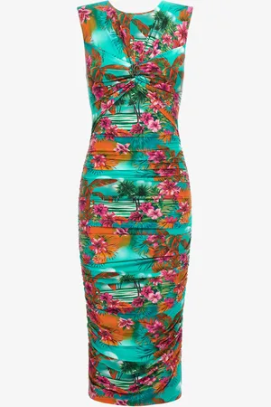 Roberto Cavalli Ruched Midi Dress With Hawaii Print - Female Dresses 38