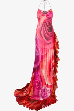 Roberto Cavalli Dress With Rose Print And Flounces - Female Slip Dresses 40
