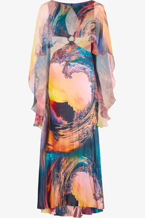 Roberto Cavalli Itaca Print Long Dress With Cape - Female Dresses 40