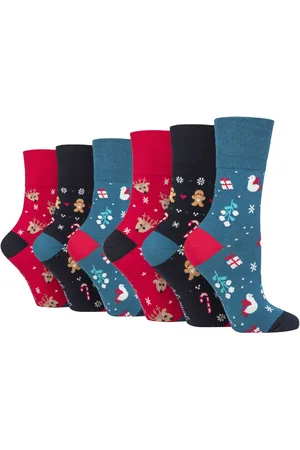 Gentle Grip Womens - 6 Pairs Ladies Novelty Christmas Socks - Blue / Red / Grey - Cotton - Size UK 4-8
