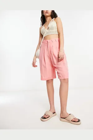 Free People Womens linen high waist longline shorts in coral- - Size 6 UK