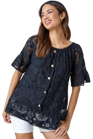 Roman Womens Sheer Lace Button Detail Bardot Top - - Size Small