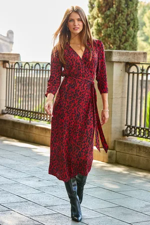 Sosandar Womens Animal Print Ruched Sleeve Midi Wrap Dress - Size 12 UK