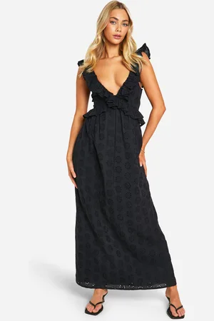 Boohoo Womens Broderie Ruffle Plunge Maxi Dress - Cotton - Size 18 UK