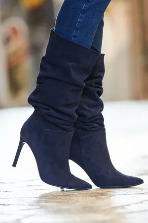 Sosandar Womens Navy Belle Suede Heeled Slouch High Leg Boot - Size UK 7