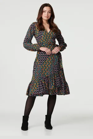 Izabel London Womens Patchwork Print Ruffled Wrap Dress - Size 12 UK