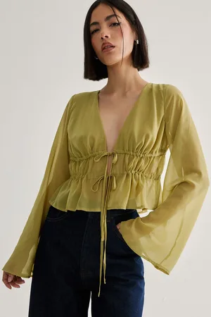 NASTY GAL Womens Chiffon Ruffle Tie Front Fluted Sleeve Top - - Size 10 UK