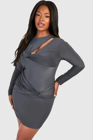 Boohoo Womens Plus Knot Detail Long Sleeve Slinky Mini Dress - - Size 28 UK