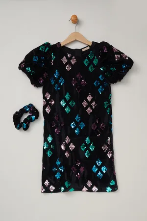 MISS Girls Sequin Shift Dress and Matching Scrunchie Outfit Set - - Size 10-11Y