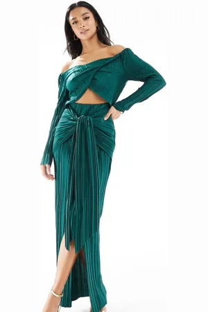 ASOS Womens DESIGN plisse bardot twist front maxi dress in bottle - Size 4 UK
