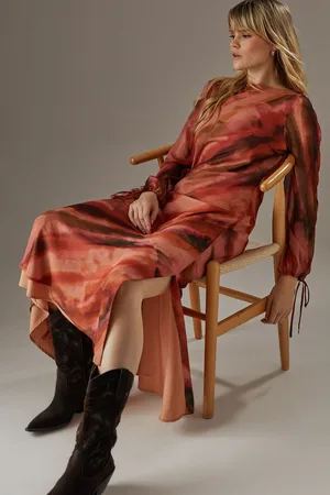 warehouse Womens Printed Chiffon Volume Sleeve Maxi Dress - - Size 12 UK
