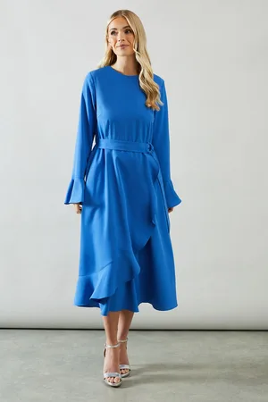 wallis Womens Petite Ruffle Front Belted Midi Dress - - Size 16 UK