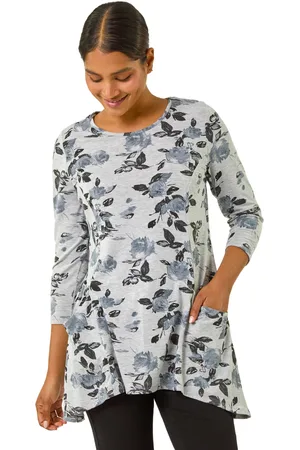 Roman Womens Floral Print Pocket Detail Tunic Stretch Top - - Size 12 UK