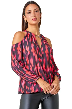 Roman Womens Abstract Print Cold Shoulder Stretch Top - - Size 18 UK