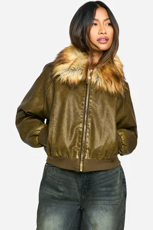 Boohoo Womens Faux Fur Collar Vintage Look Leather Bomber Jacket - - Size 16 UK