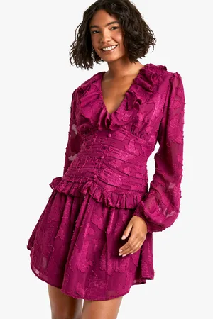 Boohoo Womens Tall Floral Burnout Ruffle Plunge Ruched Skater Dress - - Size 14 UK