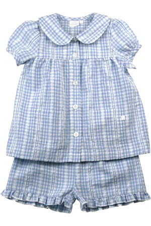 Mini Vanilla Girls Blue Seersucker Check Cotton Shortie Pyjamas Set. - - Size 7-8Y