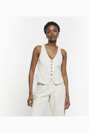 River Island Womens Denim Waistcoat Beige Stripe - Cotton - Size 16 UK