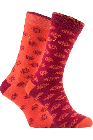 Farah 2 Pairs Mens Retro Cotton Rich Luxury Formal Dress Socks with Funky Patterns - FVS010ORG - - Size UK 6-11