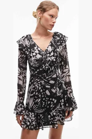 Topshop Womens v neck ruffle mini tea dress in mono animal-Multi - - Size 6 UK