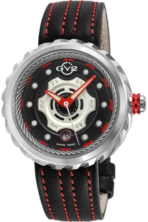 GV2 by Gevril Mens Motorcycle SS Case, dial, Red hands, Genuine Handmade Italian Leather /Red Strap - One Size