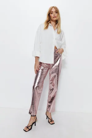 warehouse Womens Crackle Faux Leather Straight Leg Trouser - - Size 14 Regular