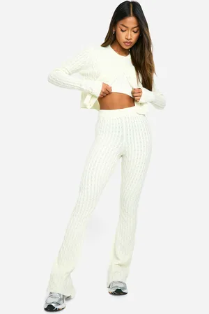 Boohoo Womens Soft Cable Knitted Cardigan, Crop Top And Flare Leg Trouser 3 Piece Set - - Size Medium