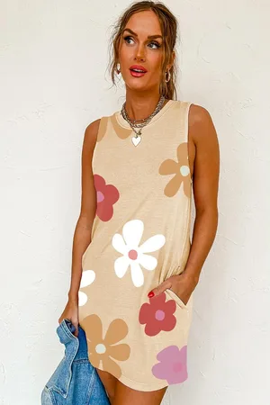 Azura Exchange Womens Apricot Daisy Flower Print Tank Dress - - Size Small
