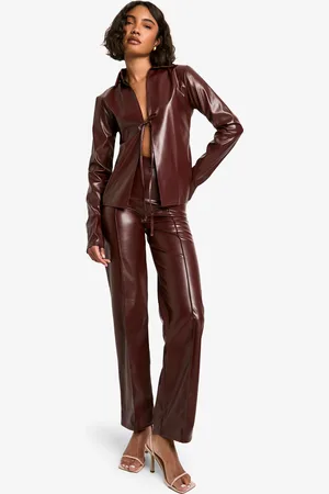 Boohoo Womens Tall PU Tie Front Shirt and Trouser Set - - Size 8 UK