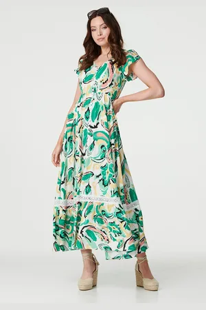 Izabel London Womens Printed Lace Trim Maxi Dress - Size 8 UK