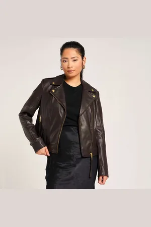 Barneys Originals Womens Real Leather Chocolate Biker Jacket with Gold Trims - - Size 6 UK