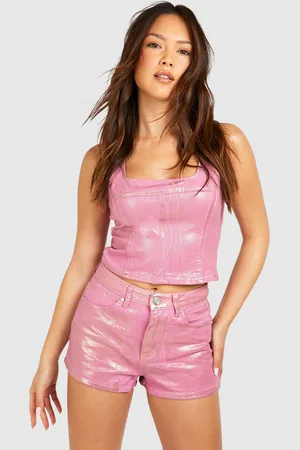 Boohoo Womens Metallic Coated Denim Corset Top Cotton - Size 12 UK