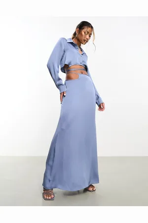 Aria Cove Womens satin open tie side maxi skirt co-ord in blue - - Size 8 UK