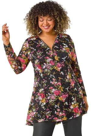 Roman Womens Curve Floral Print V-Neck Zip Front Top - - Size UK 22-24