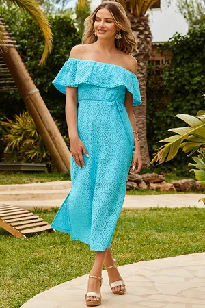 Sosandar Womens Aqua Crochet Bardot Maxi Dress - Size 10 UK
