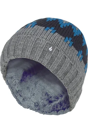 Heat Holders Boys Thick Ribbed Woven Knitted Soft Pom Pom Bobble Beanie Hat - Pebble Melange/Teal/Navy - - Size 7-10Y