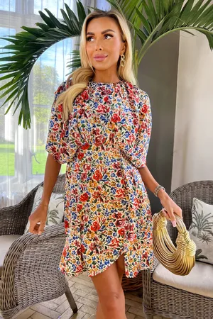 Ax Paris Womens Multi Floral Printed Batwing Mini Dress - - Size 8 UK