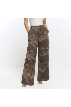 River Island Womens Cargo Trousers Petite Camo Embellished Cotton - Size 6 UK
