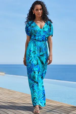Sosandar Womens Tropical Print Tie Waist Maxi Jersey Dress - Size 8 UK