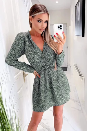 Ax Paris Womens Sage And Black Printed Long Sleeve Mini Dress - - Size 8 UK