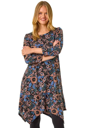 Roman Womens Floral Print Hanky Hem Stretch Dress - - Size 16 UK