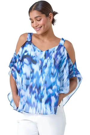 Roman Womens Abstract Print Cold Shoulder Overlay Top - - Size 12 UK