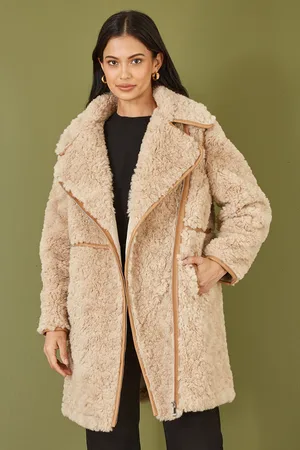 Yumi Womens Textured Borg Long Line Biker Coat - Size 12 UK