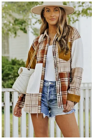 Azura Exchange WoMens Patchwork Plaid Shirt Jacket with Pocket in - Size Large