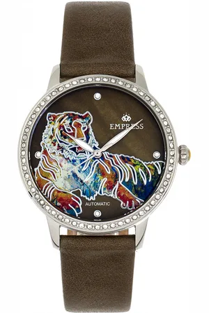 Empress Womens Diana Automatic Engraved MOP Leather-Band Watch - Stainless Steel - One Size