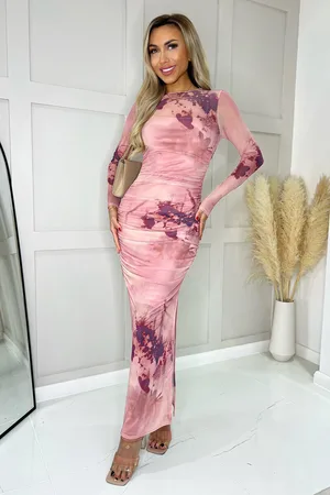 Ax Paris Womens Printed Mesh Overlay Long Sleeve Bodycon Midi Dress - Size 10 UK